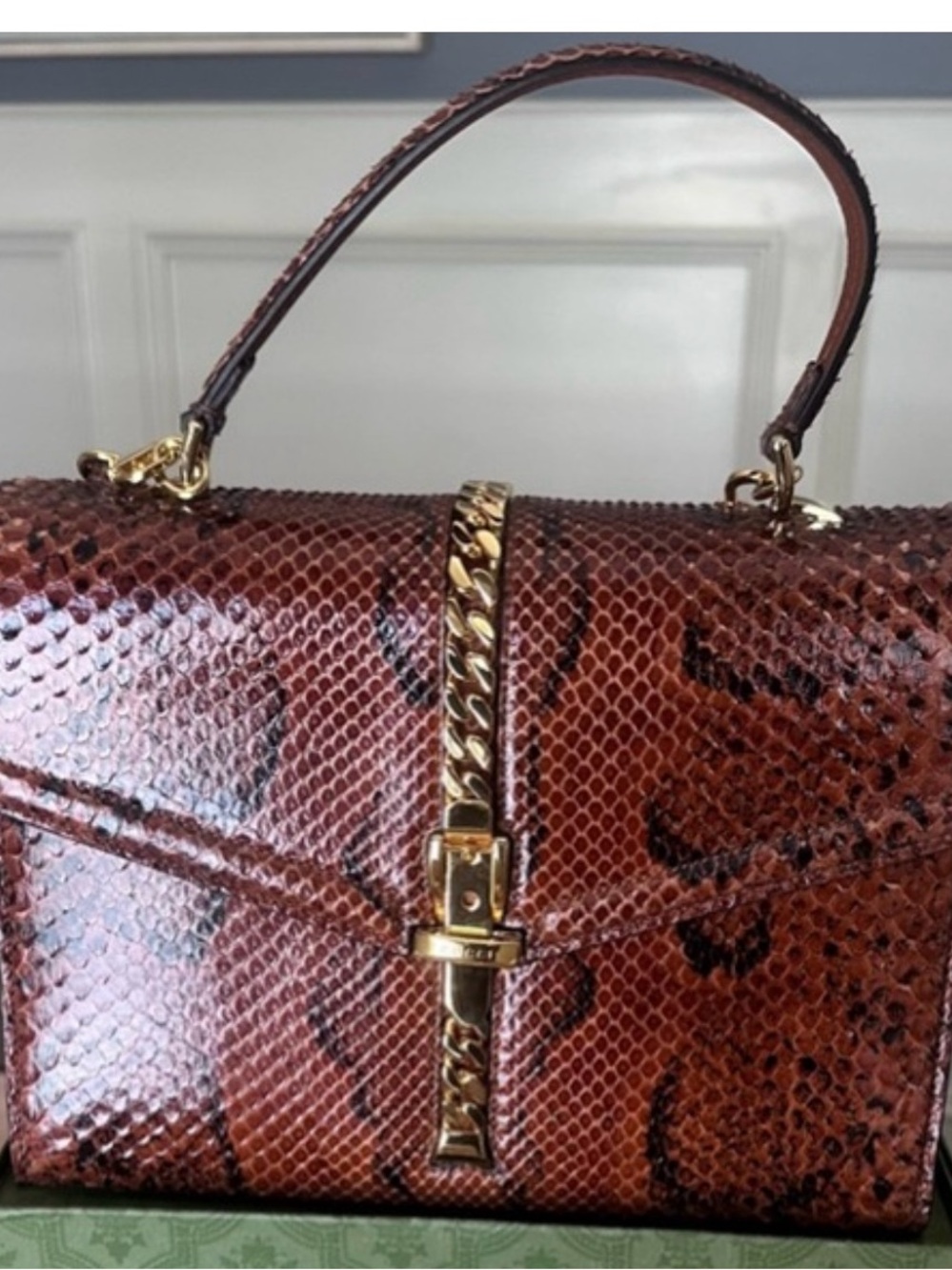 Gucci 1969 Sylvie Top Handle Bag - Genuine Python, Brown with Gold Hardware